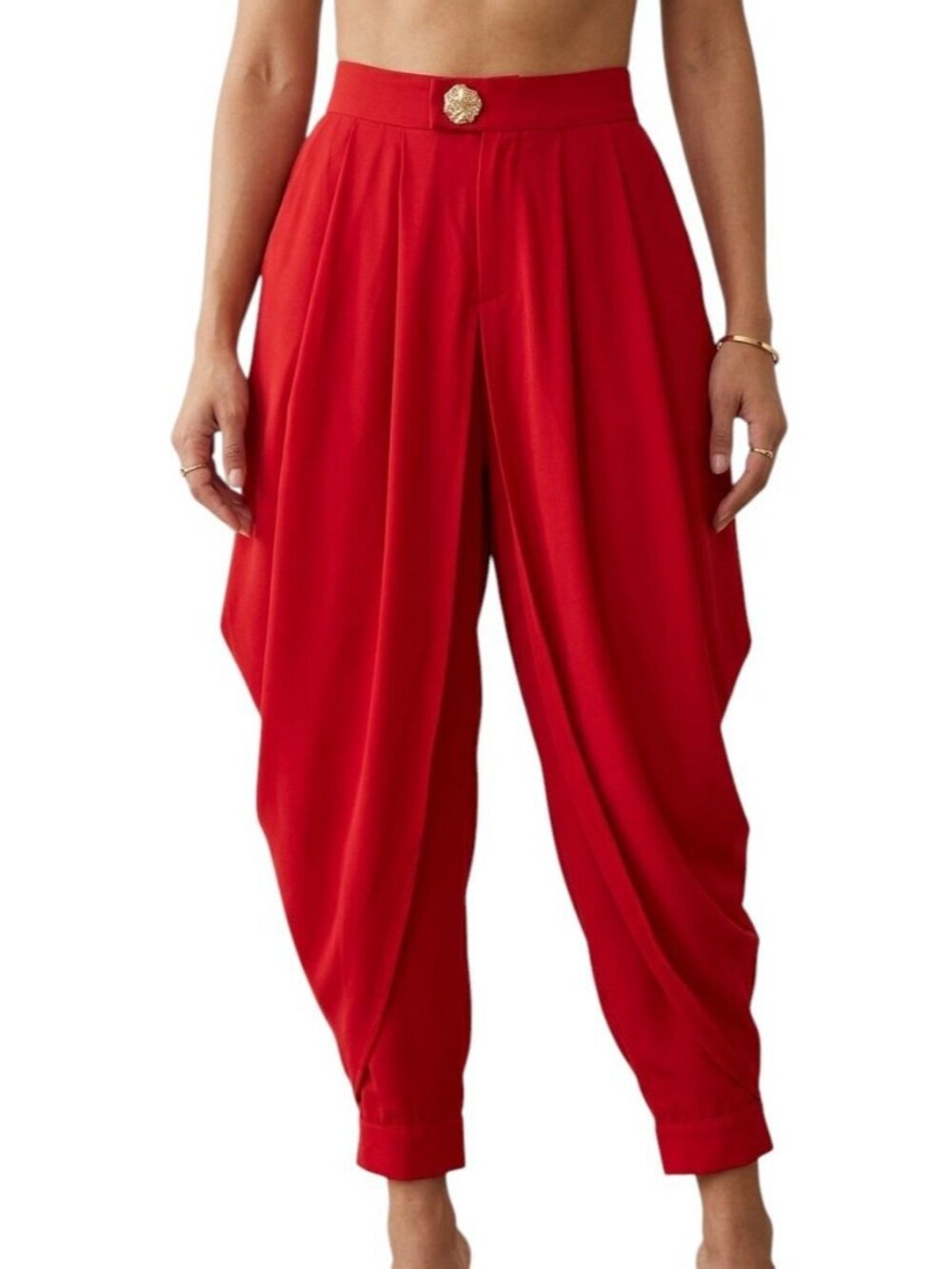 RIVIR Red Harem Dhoti Pants Women’s Size L High Waist Pleated Draped Boho Large